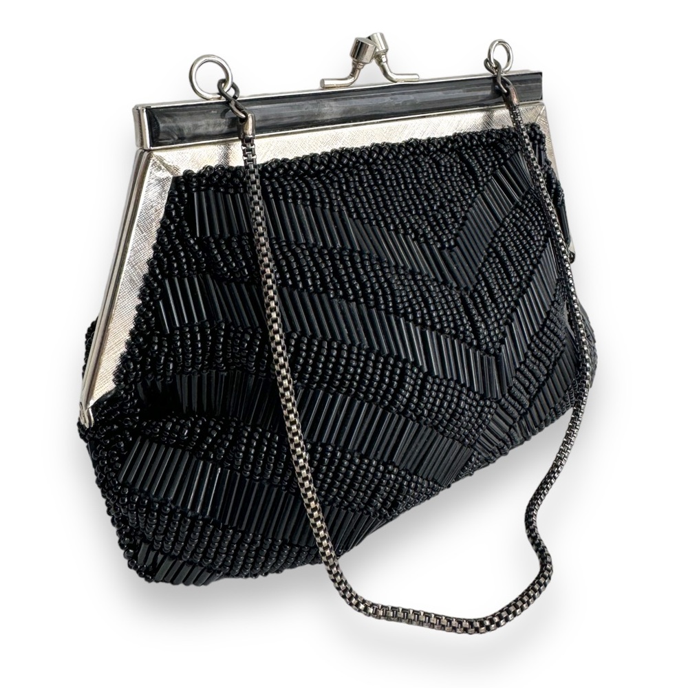 Vintage Fancy Mini Purse Beaded Clutch Black Silver  60's 70's